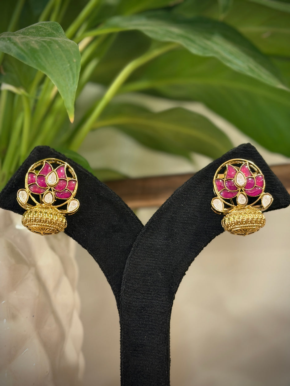 Elegant Lotus Jadau Kalash Stud Earrings Set