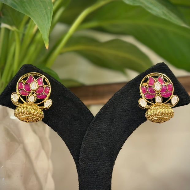 Elegant Lotus Jadau Kalash Stud Earrings Set