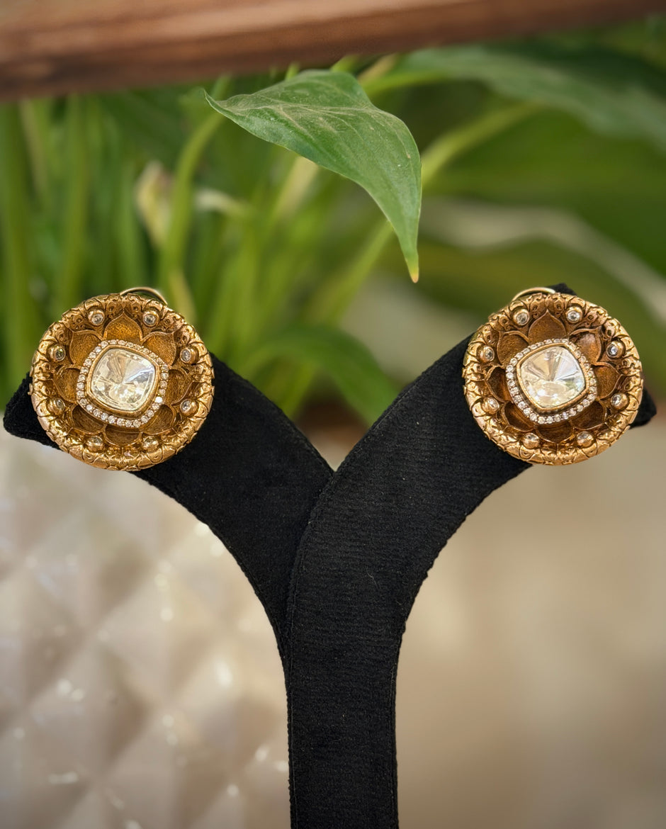 Antique Flower Diamond Polki Stud Earrings Set