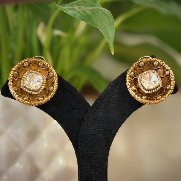 Antique Flower Diamond Polki Stud Earrings Set