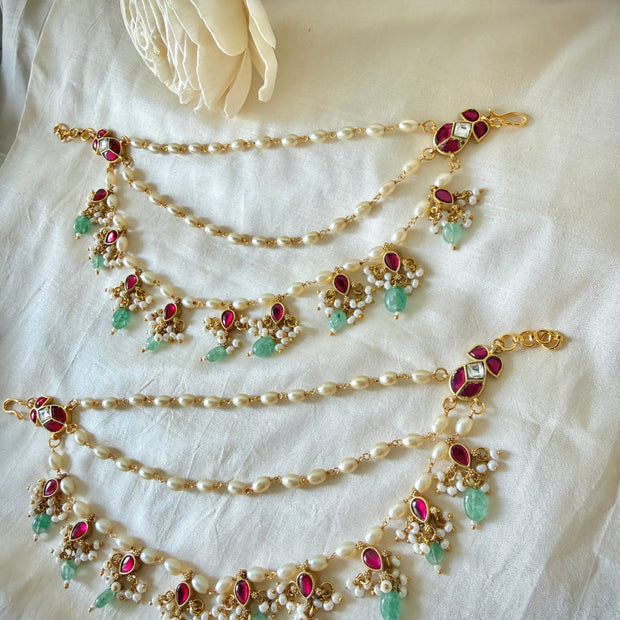 Jadau Kundan Chained Jade Drops Kanauti