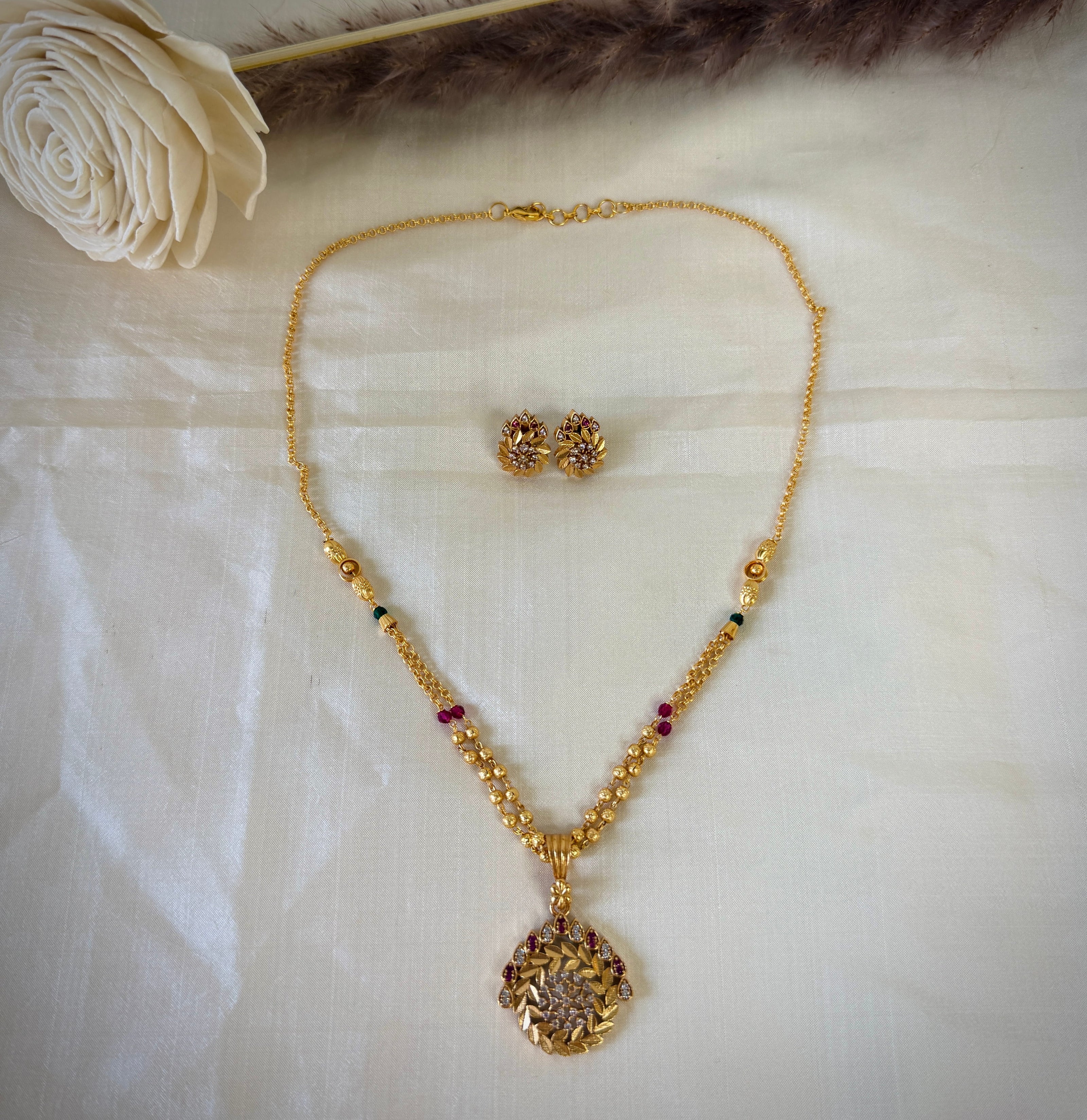 Gold Ruby Emerald Beaded Floral Pendant Designer Chain Set