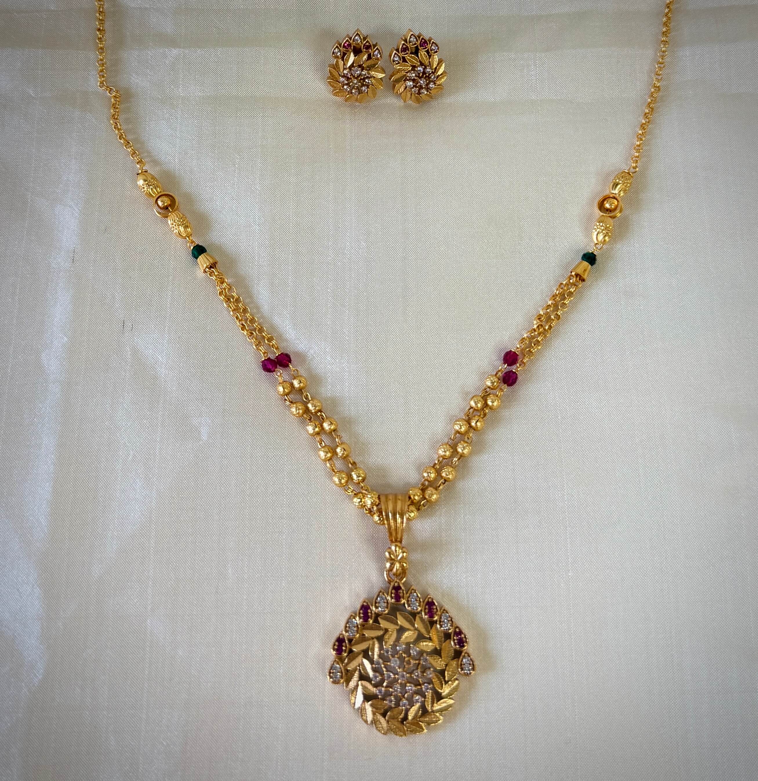 Gold Ruby Emerald Beaded Floral Pendant Designer Chain Set