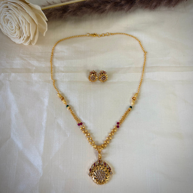 Gold Ruby Emerald Beaded Floral Pendant Designer Chain Set