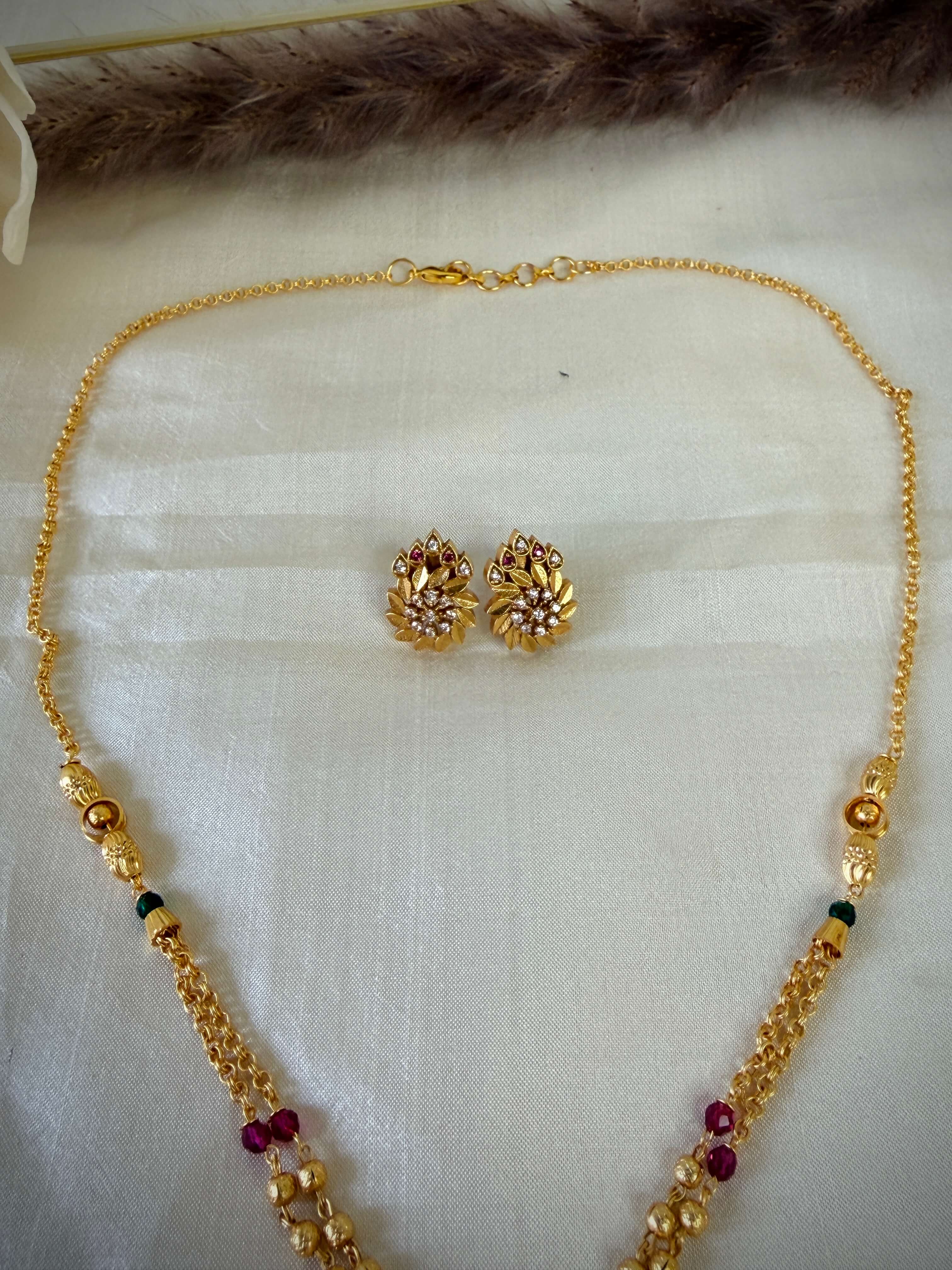 Gold Ruby Emerald Beaded Floral Pendant Designer Chain Set