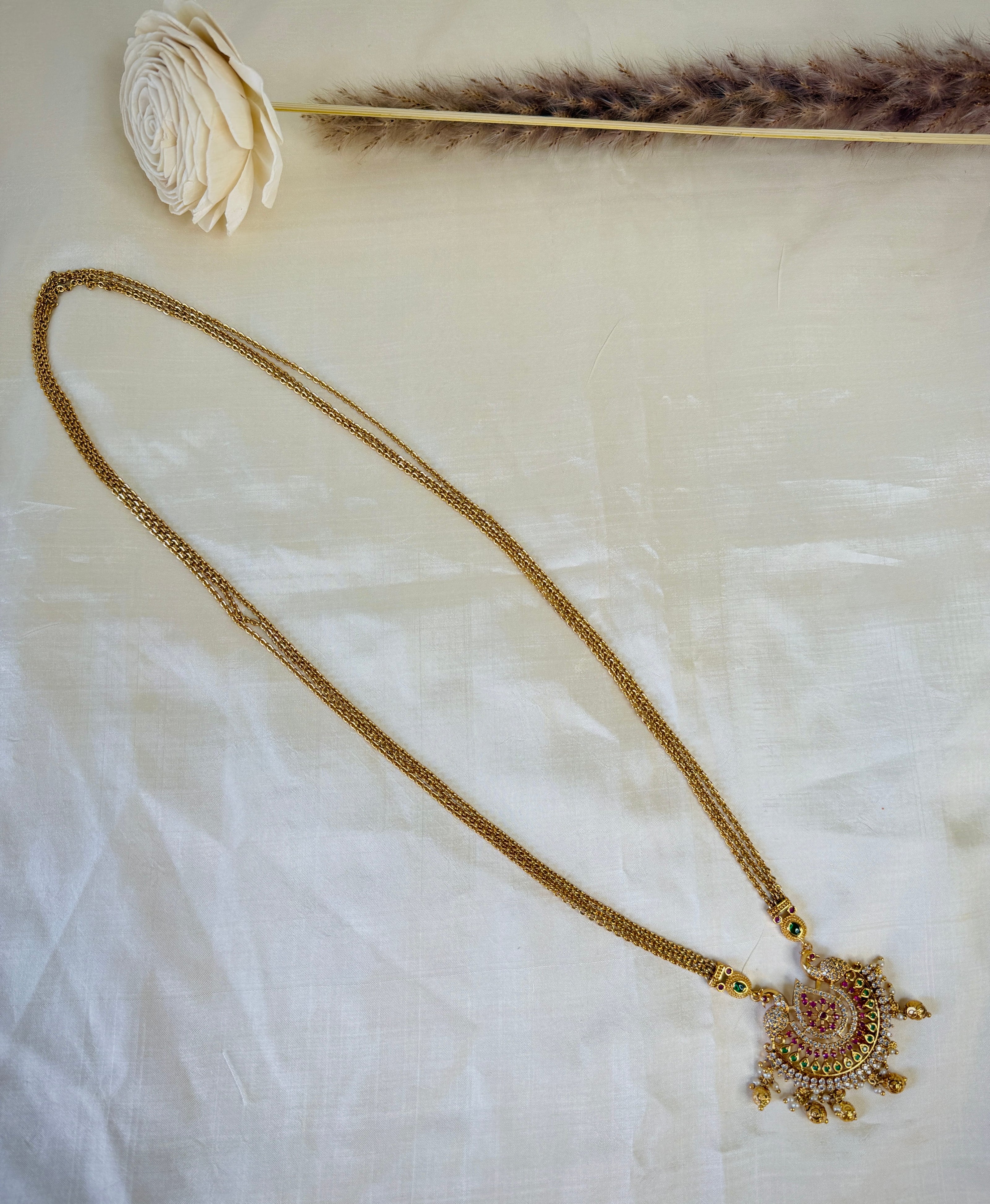 Antique Gold Triple Chain With Peacock Ruby Emerald CZ Chain Pendant