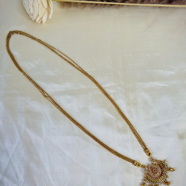 Antique Gold Triple Chain With Peacock Ruby Emerald CZ Chain Pendant