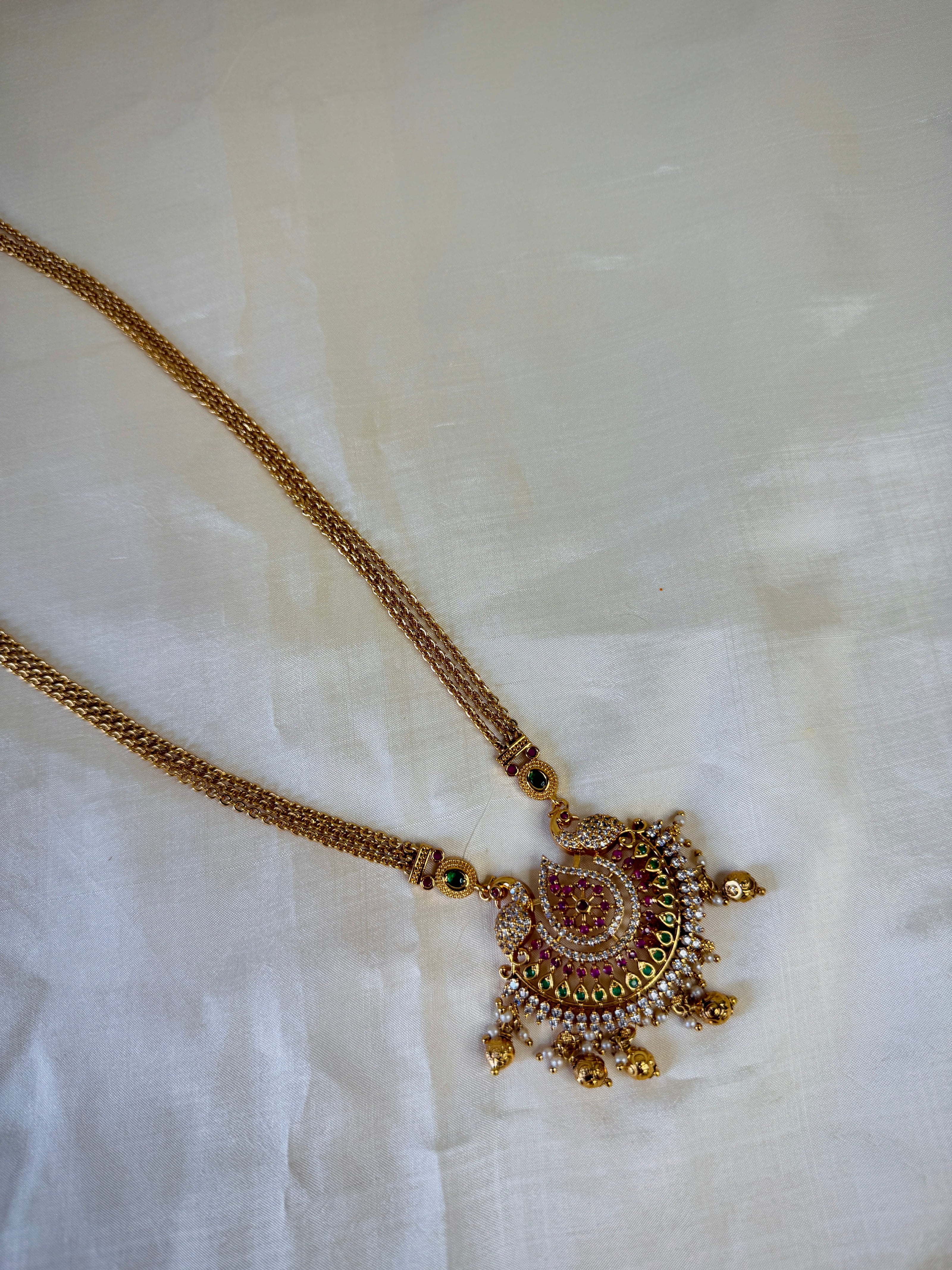 Antique Gold Triple Chain With Peacock Ruby Emerald CZ Chain Pendant