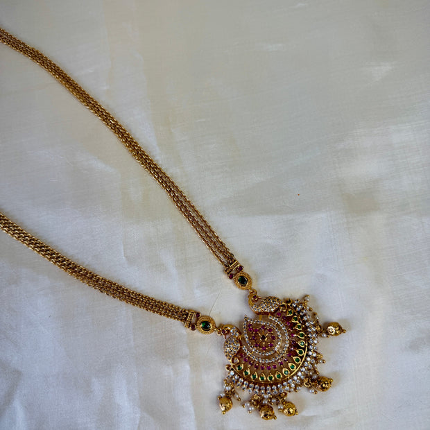 Antique Gold Triple Chain With Peacock Ruby Emerald CZ Chain Pendant