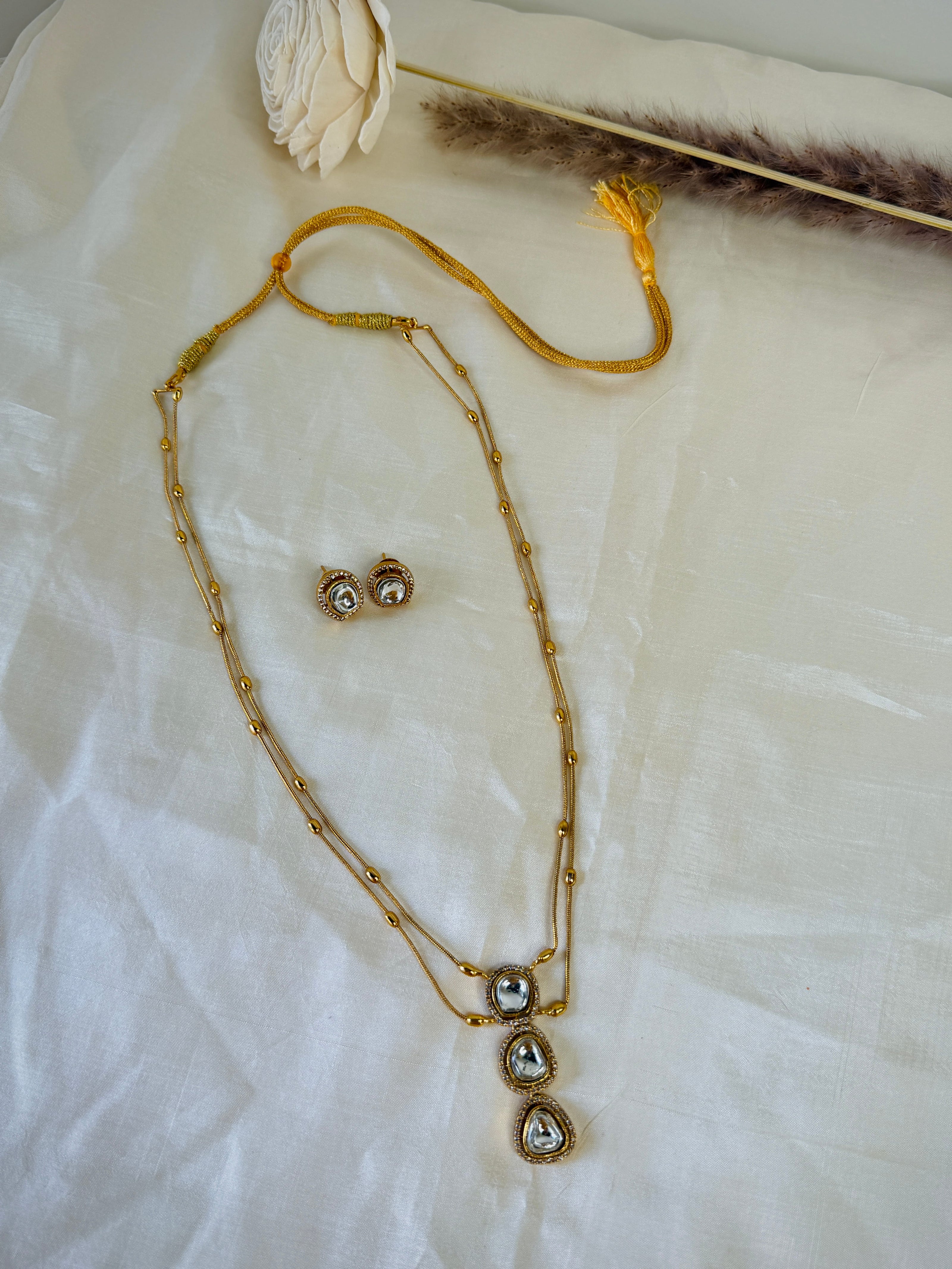 Gold Uncut Kundan Three Tier Drop Pendant Double Layer Chain Set