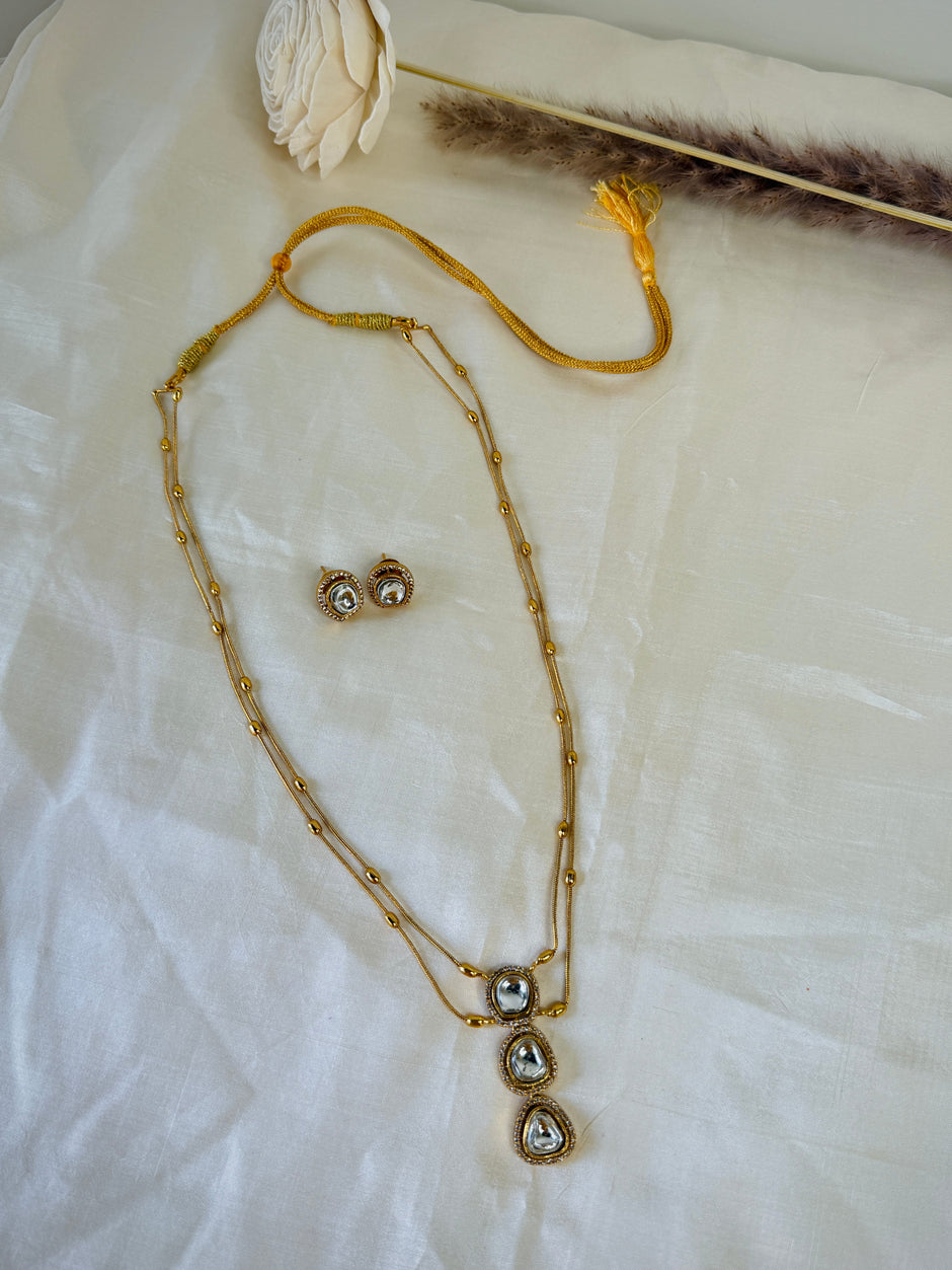 Gold Uncut Kundan Three Tier Drop Pendant Double Layer Chain Set