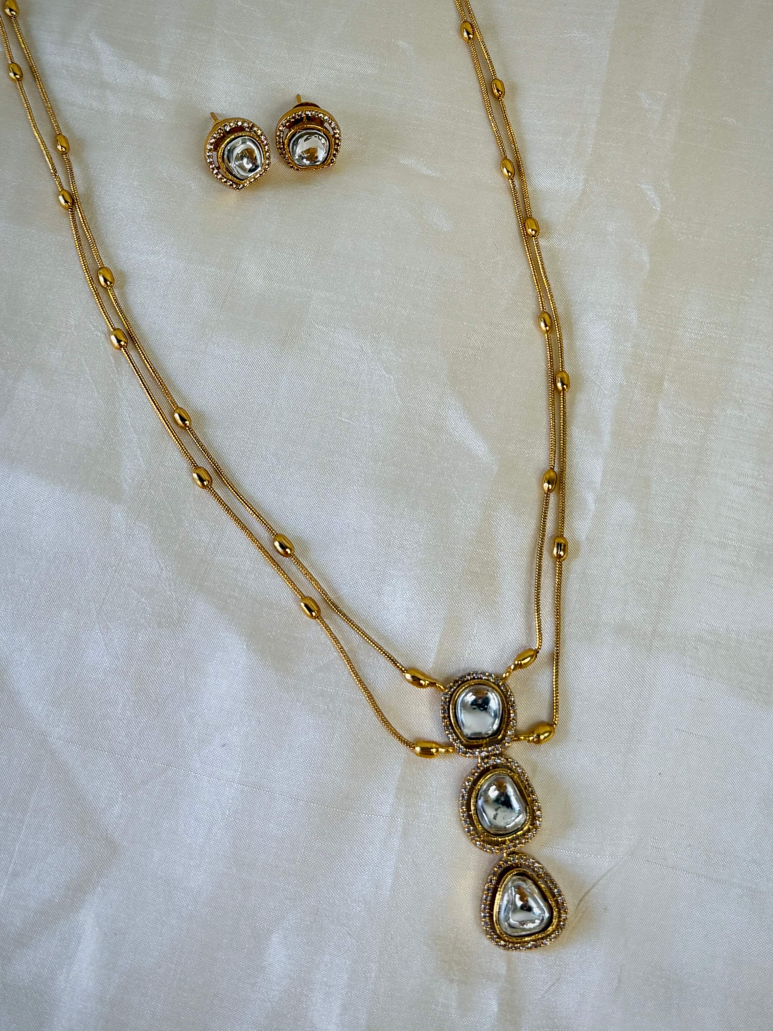 Gold Uncut Kundan Three Tier Drop Pendant Double Layer Chain Set