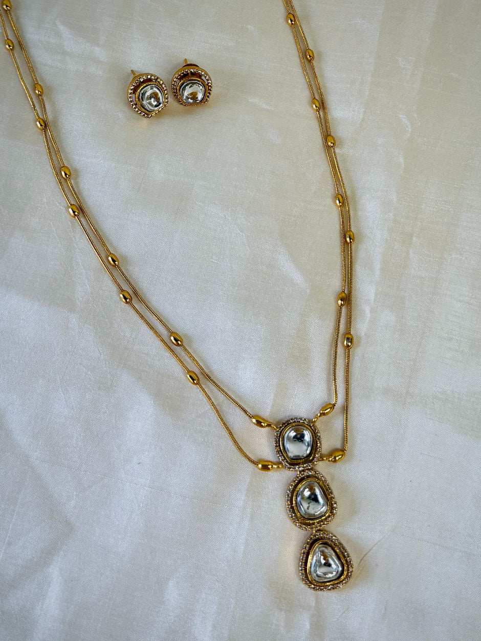 Gold Uncut Kundan Three Tier Drop Pendant Double Layer Chain Set