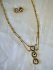 Gold Uncut Kundan Three Tier Drop Pendant Double Layer Chain Set