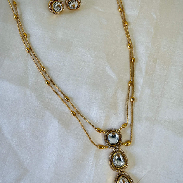 Gold Uncut Kundan Three Tier Drop Pendant Double Layer Chain Set