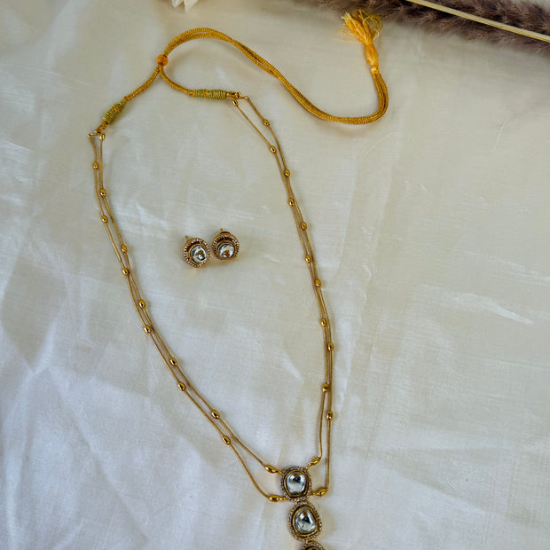 Gold Uncut Kundan Three Tier Drop Pendant Double Layer Chain Set