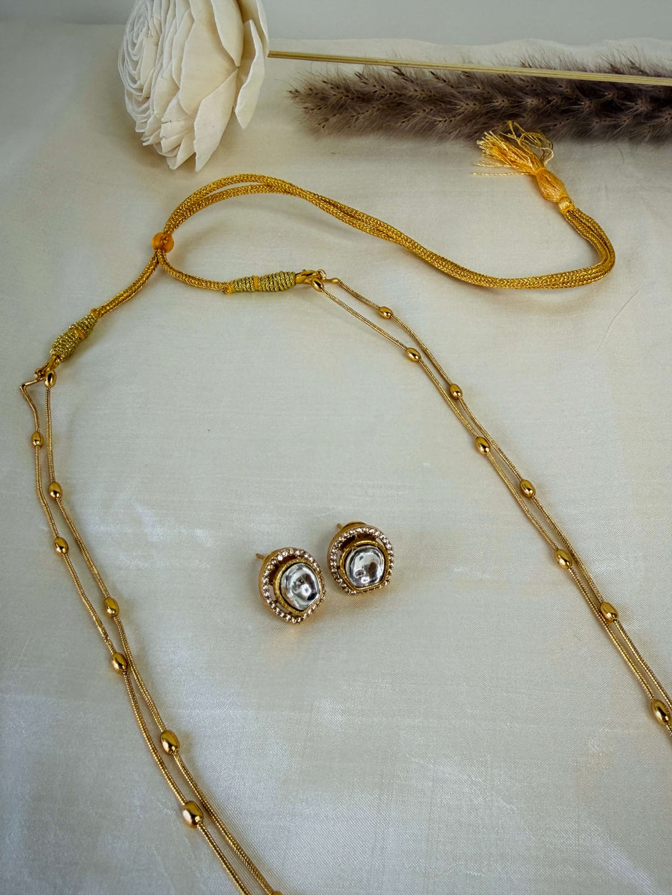 Gold Uncut Kundan Three Tier Drop Pendant Double Layer Chain Set