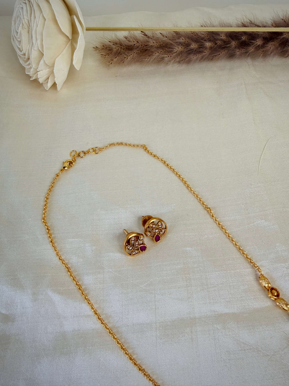 Gold Crystal Ruby Floral Beaded Designer Chain Set