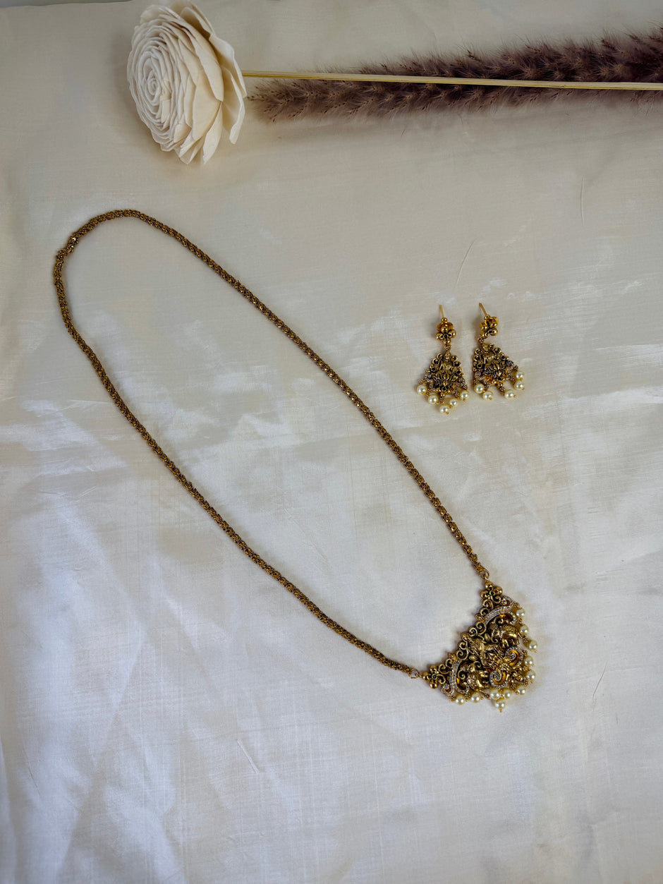 Antique Gold Lakshmi Temple Design Pearl Embellished Chain Set