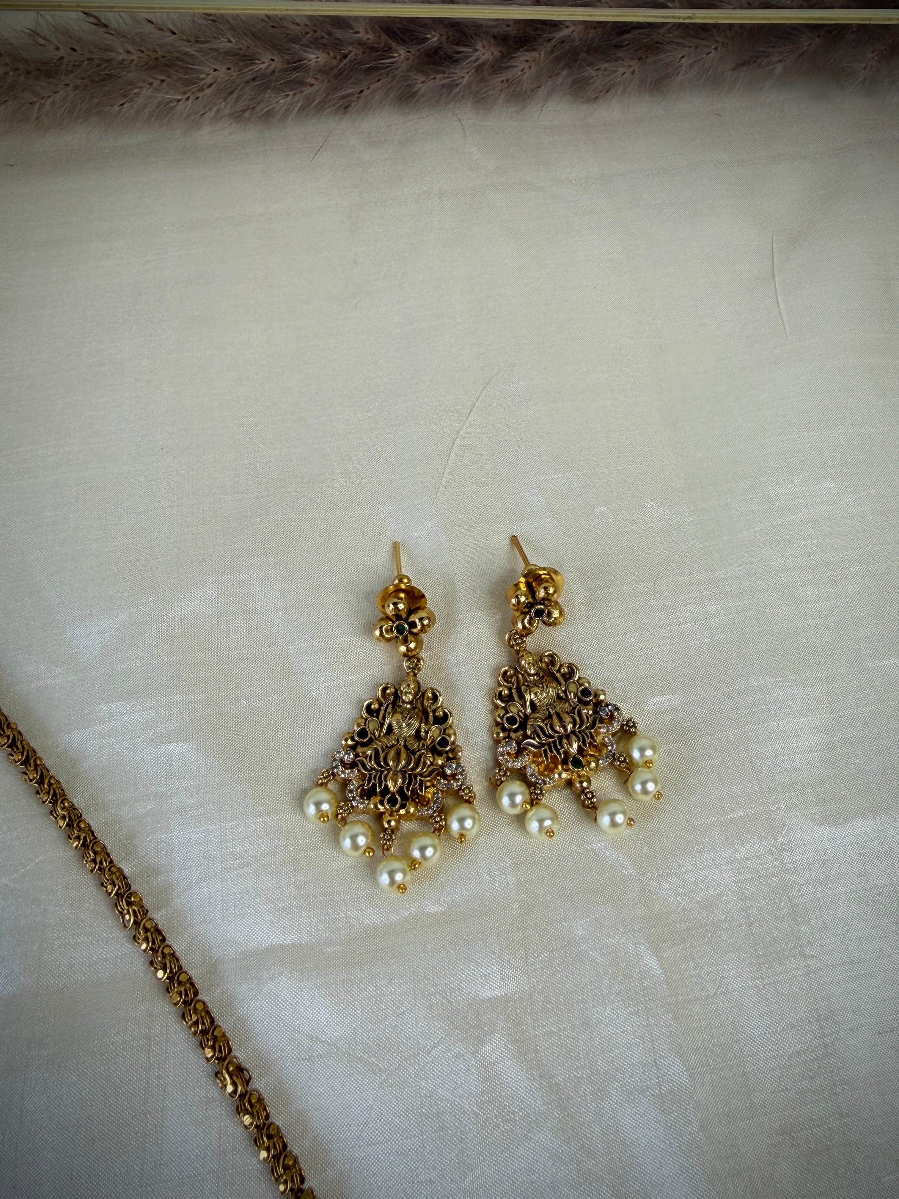 Antique Gold Lakshmi Temple Design Pearl Embellished Chain Set