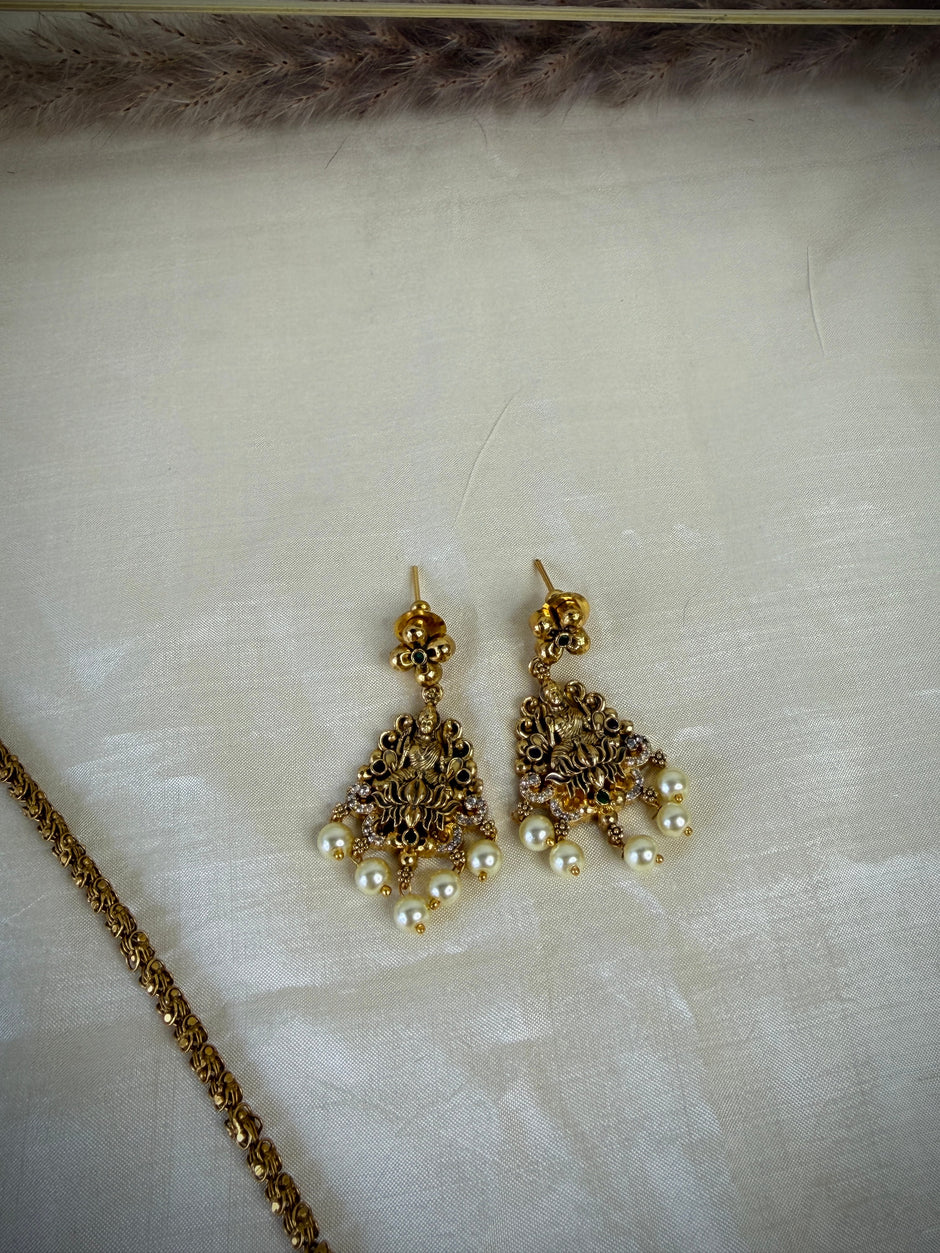 Antique Gold Lakshmi Temple Design Pearl Embellished Chain Set