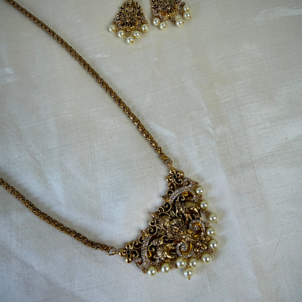 Antique Gold Lakshmi Temple Design Pearl Embellished Chain Set