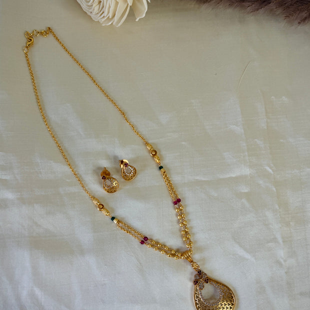 Gold Plated Cutwork Teardrop Pendant Ruby Emerald Beaded Chain Set