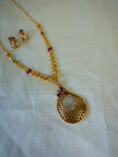 Gold Plated Cutwork Teardrop Pendant Ruby Emerald Beaded Chain Set