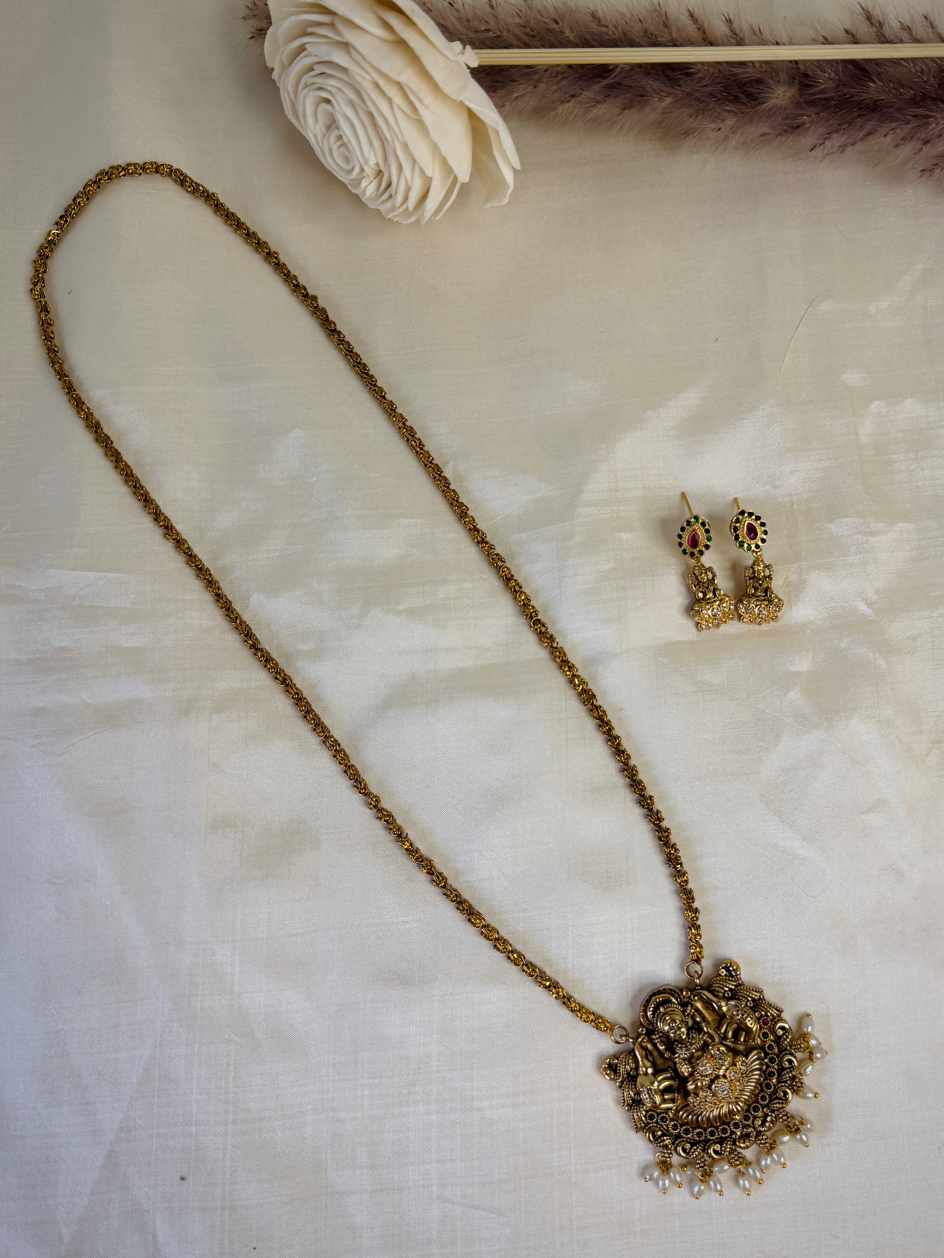 Traditional Lakshmi Temple Pearl Drop Pendant Chain Set