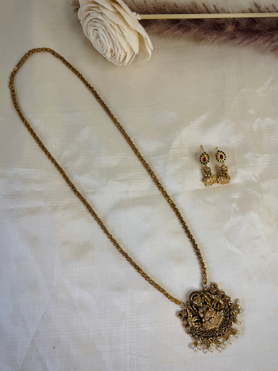 Traditional Lakshmi Temple Pearl Drop Pendant Chain Set