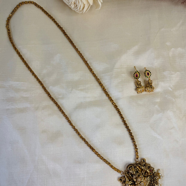 Traditional Lakshmi Temple Pearl Drop Pendant Chain Set