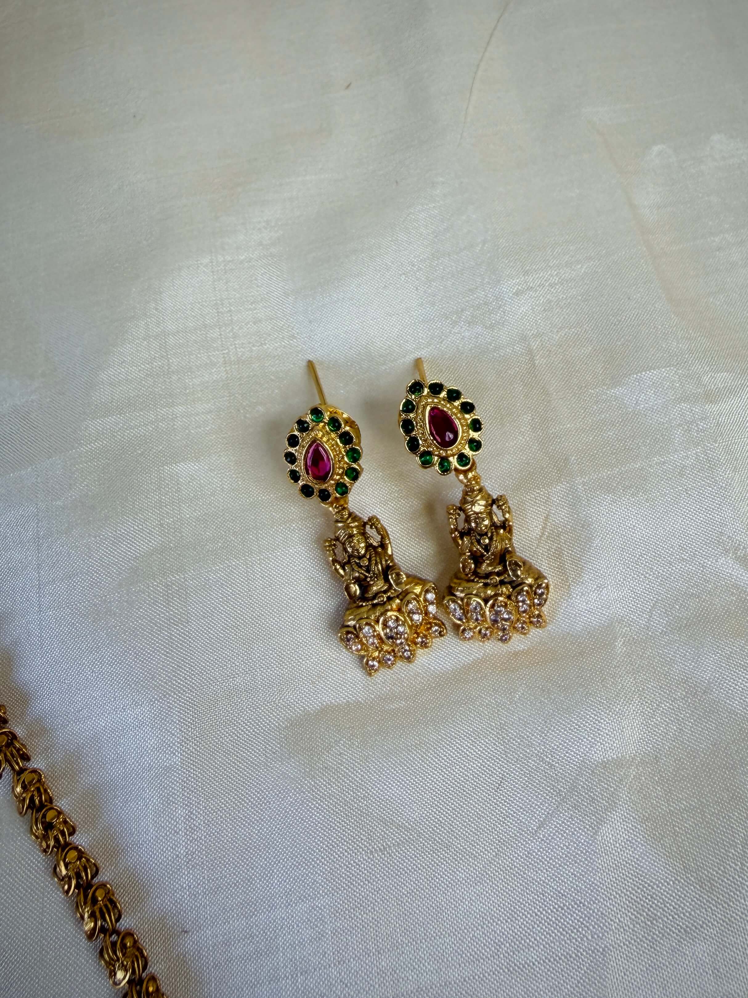 Traditional Lakshmi Temple Pearl Drop Pendant Chain Set
