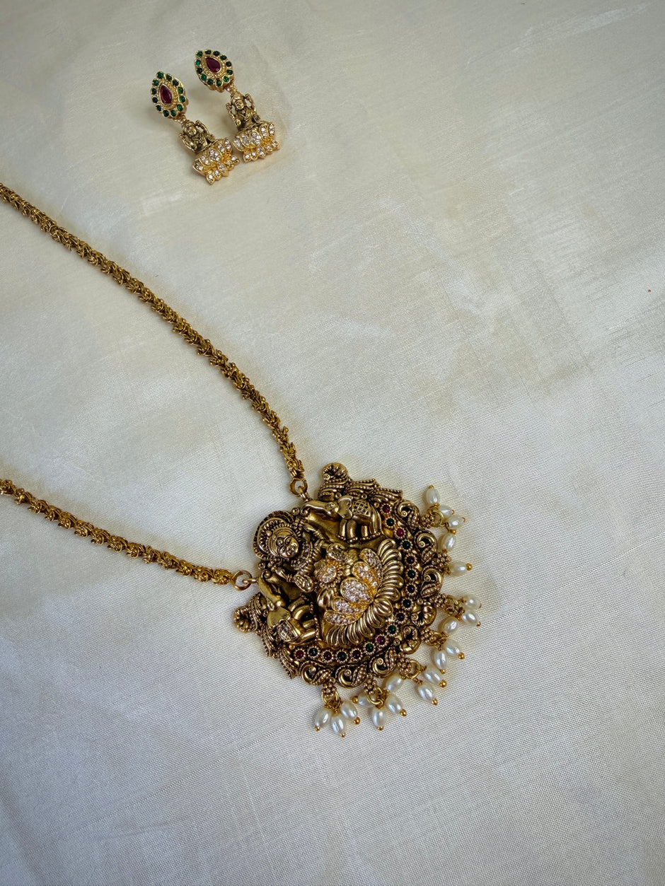 Traditional Lakshmi Temple Pearl Drop Pendant Chain Set