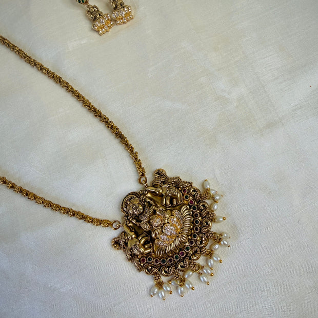 Traditional Lakshmi Temple Pearl Drop Pendant Chain Set
