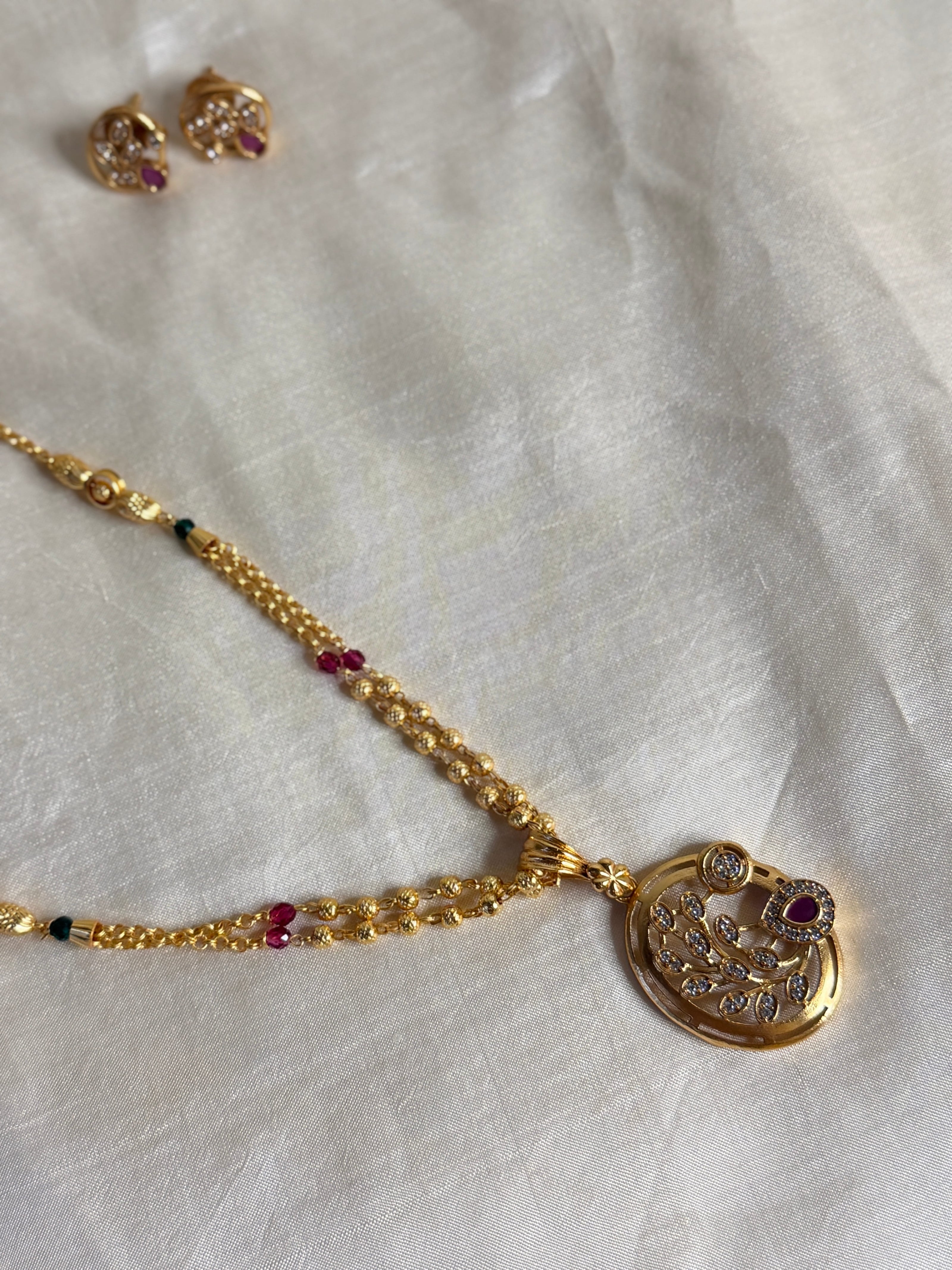 Gold Crystal Ruby Floral Beaded Designer Chain Set