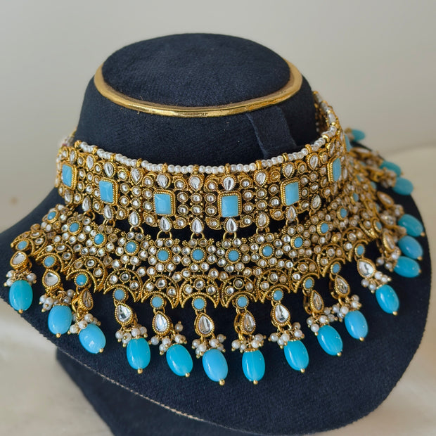 Polki Kundan Turquoise Stone Pearl Drop Choker Necklace Set