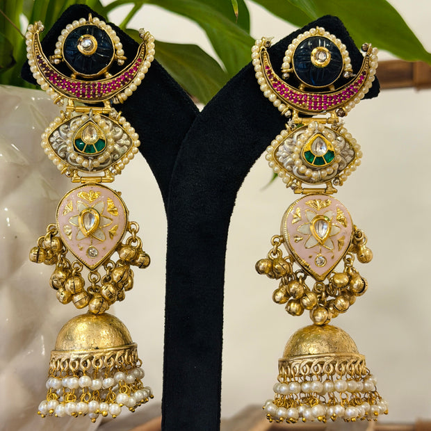 Chandbali Pink Meenakari Gungroo Kashmiri Jhumka Earrings