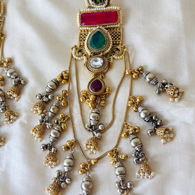 Emerald Multistone Chain Tassel Jhumka Kashmiri Earrings