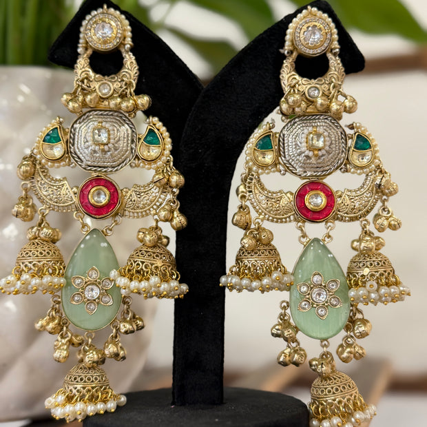 Dual Tone Coin Kundan Mint Jade Pearl Jhumka Kashmiri Earrings