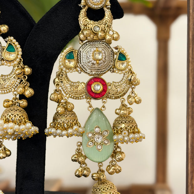 Dual Tone Coin Kundan Mint Jade Pearl Jhumka Kashmiri Earrings