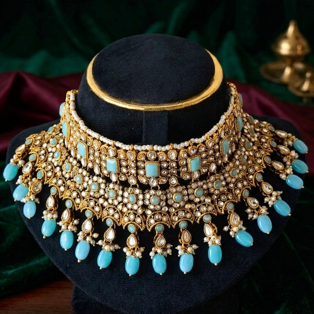 Polki Kundan Turquoise Stone Pearl Drop Choker Necklace Set