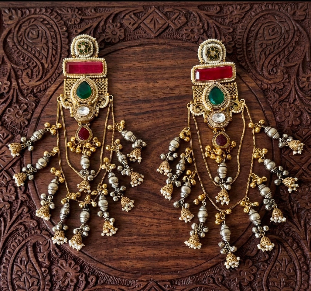 Emerald Multistone Chain Tassel Jhumka Kashmiri Earrings