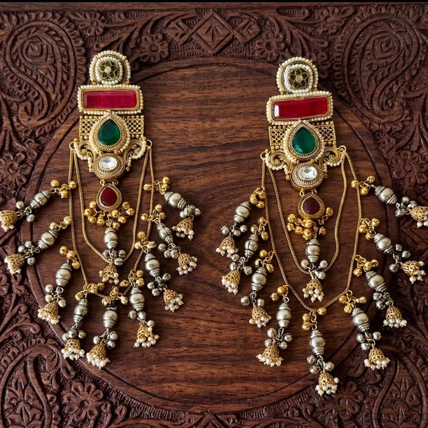 Emerald Multistone Chain Tassel Jhumka Kashmiri Earrings