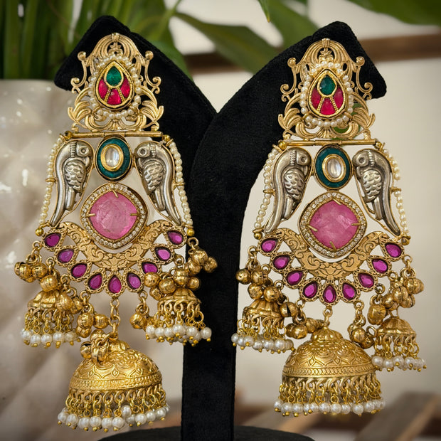 Dual Toned Parrot Gungroo Jhumka Kashmiri Earrings