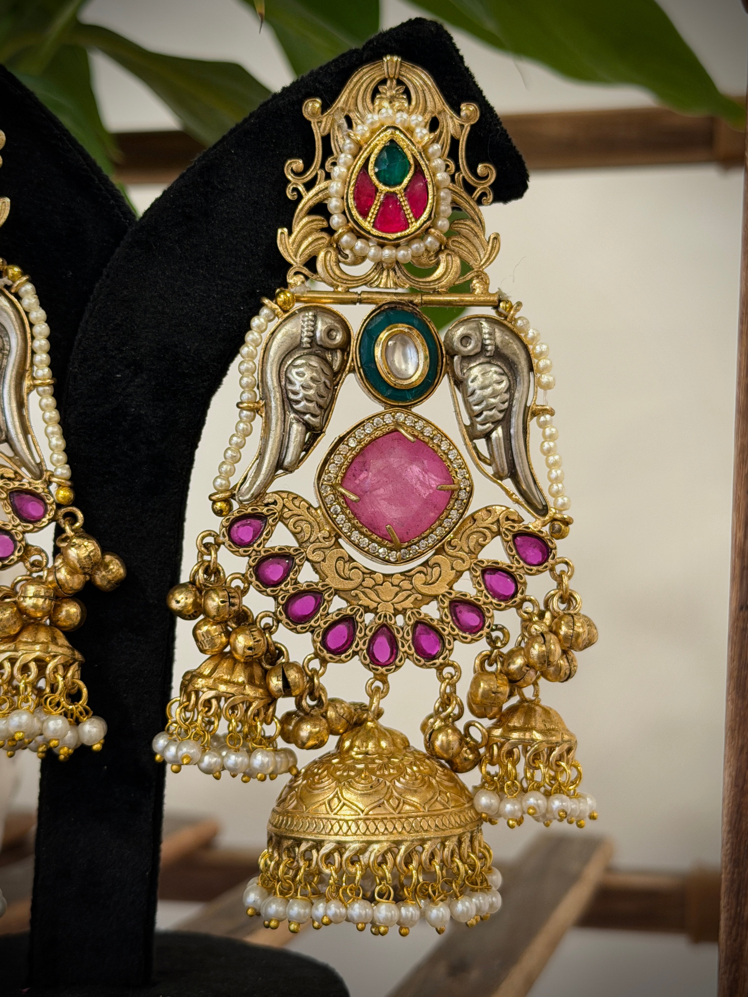Dual Toned Parrot Gungroo Jhumka Kashmiri Earrings