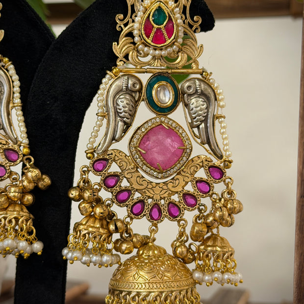 Dual Toned Parrot Gungroo Jhumka Kashmiri Earrings