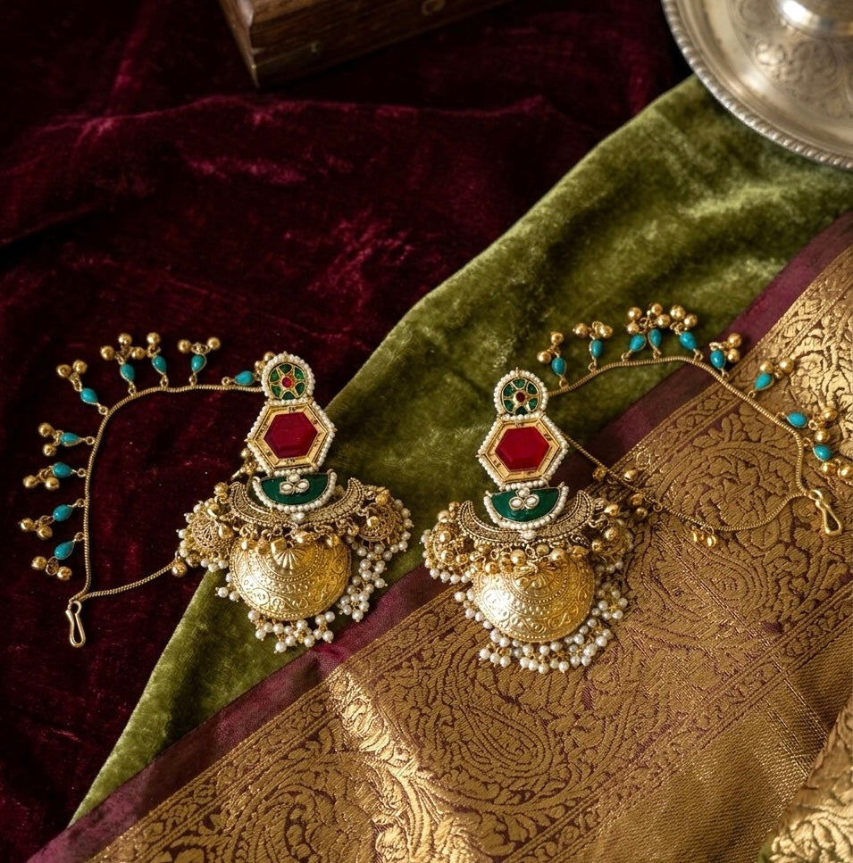 Ruby Green Crescent Jumkha With Kanauti Kashmiri Earrings