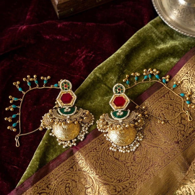 Ruby Green Crescent Jumkha With Kanauti Kashmiri Earrings