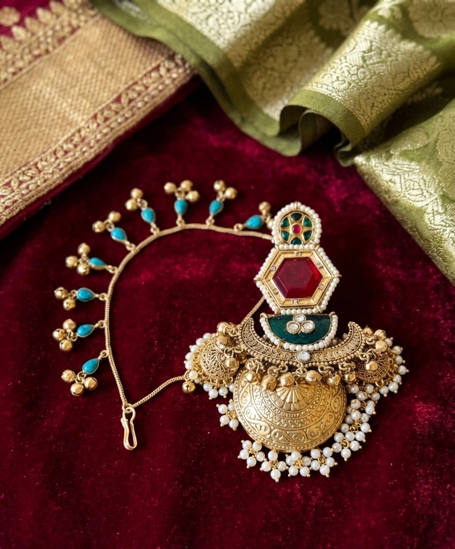 Ruby Green Crescent Jumkha With Kanauti Kashmiri Earrings