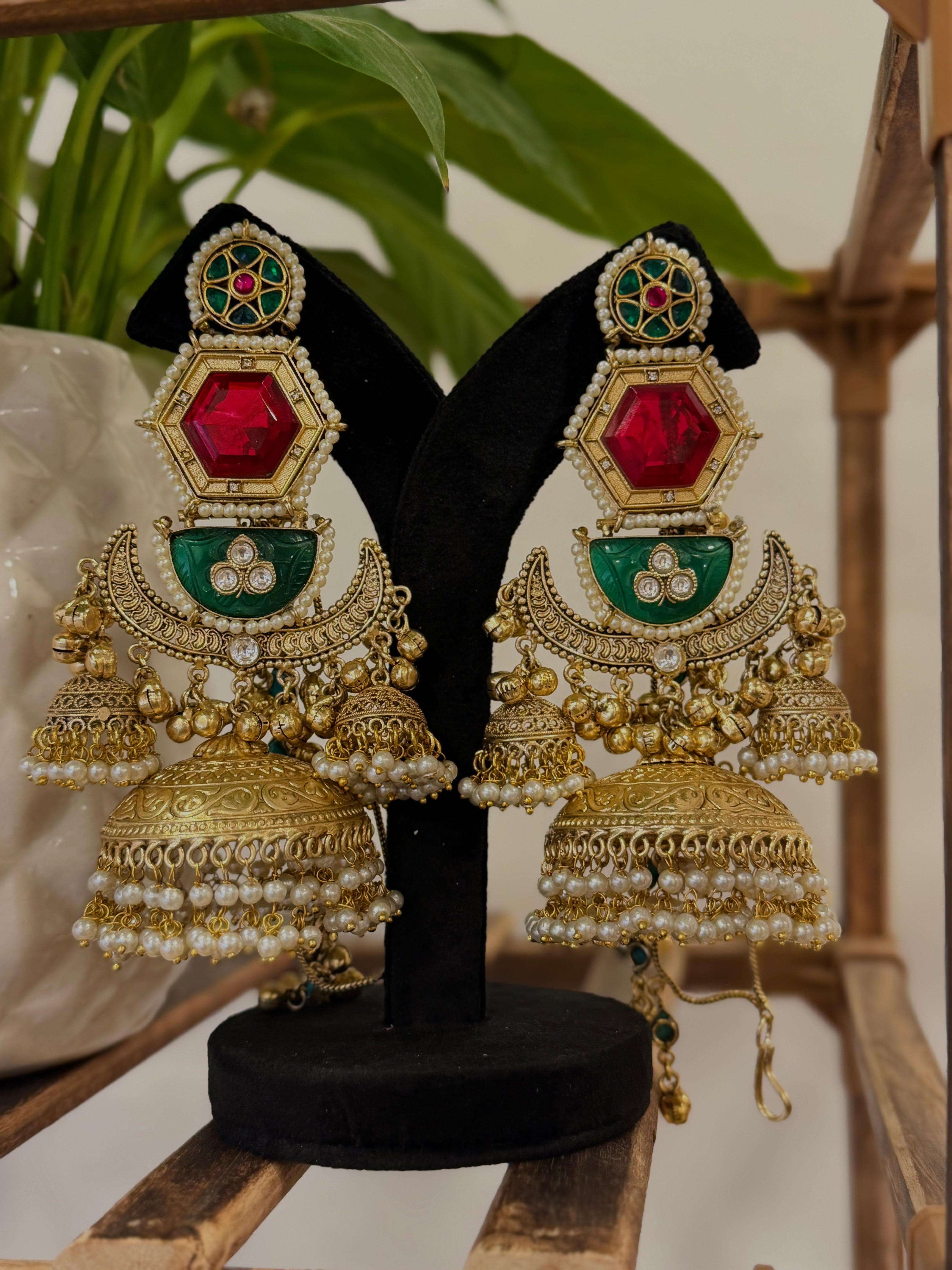Ruby Green Crescent Jumkha With Kanauti Kashmiri Earrings